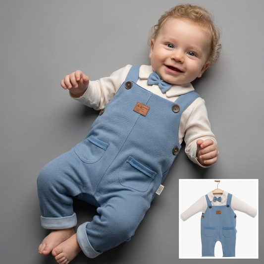 Blue Suspender Baby Outfit with Bow Tie – Classic Formal Set for Boys