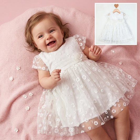 “Petal Grace” Baby Dress – Embroidered Lace & Floral Detail