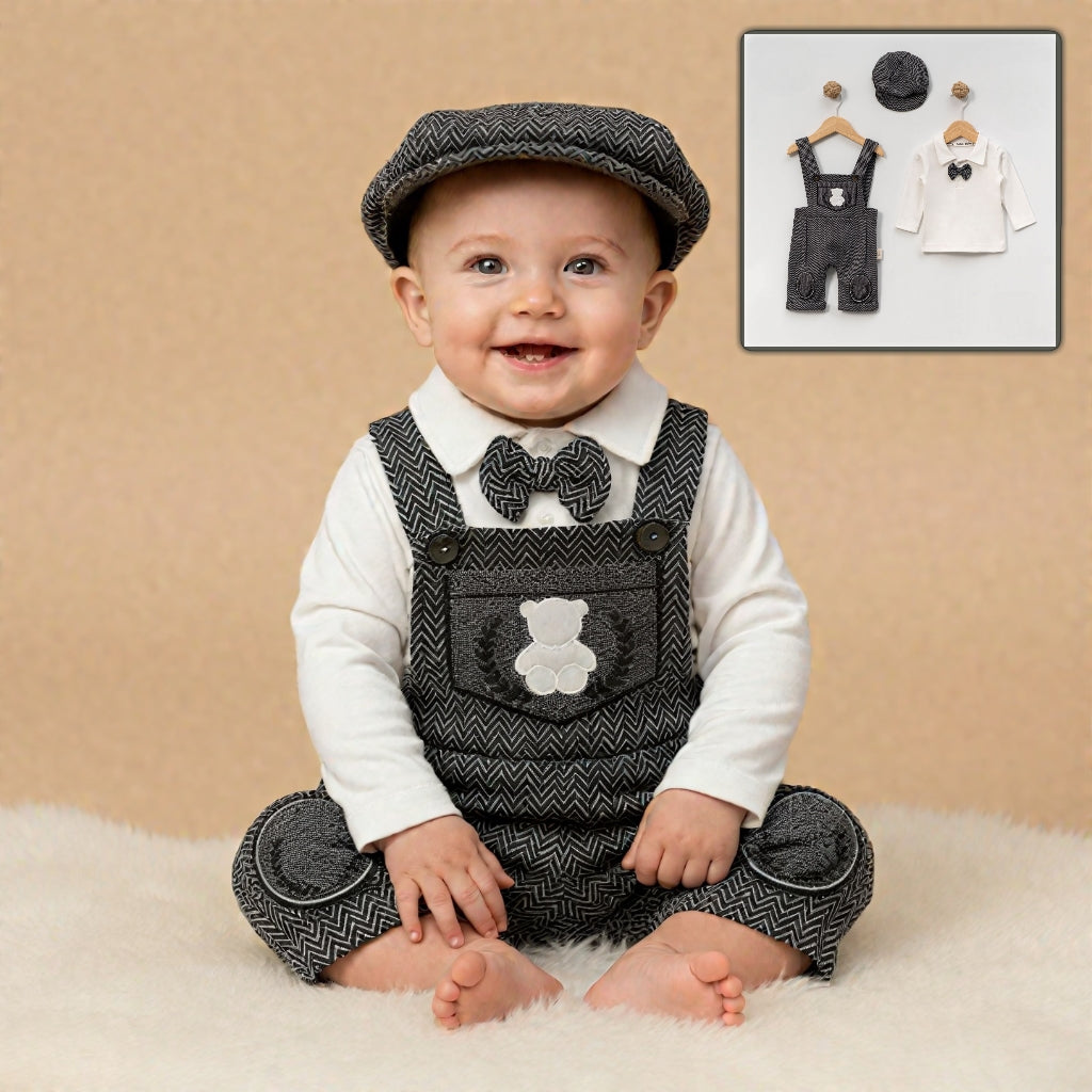 Baby Boy Formal Outfit Set – Herringbone Overalls, Bow Tie Polo Shirt & Cap with Bear Details