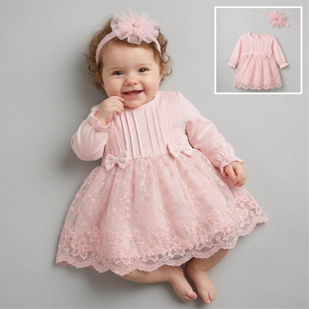 Elegance Pink Lace Baby Dress with Matching Headband Set