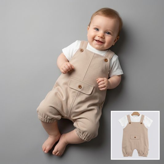 Beige Buttoned Charm – Baby Boy Romper