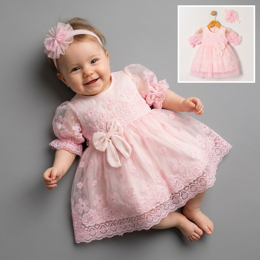 Vintage Pink Floral Lace Baby Party Dress & Headband Set