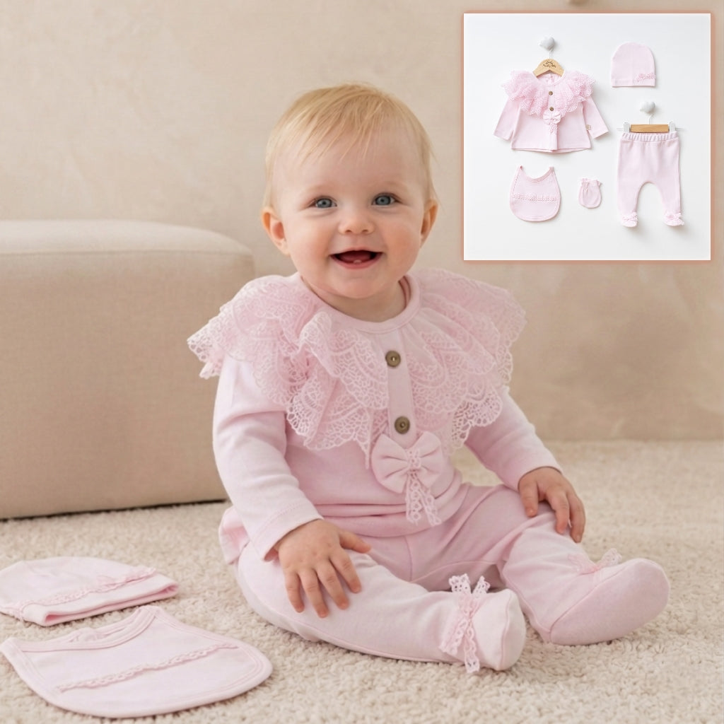 Pink Newborn Outfit Set – Lace Top, Pants & Accessories