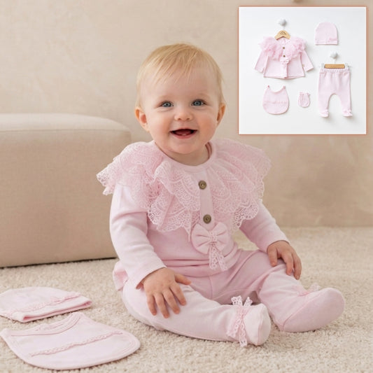 Pink Newborn Outfit Set – Lace Top, Pants & Accessories