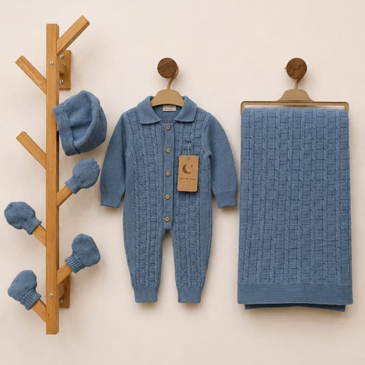The Nathaniel 5-Piece Cable-Knit Romper & Blanket Gift Set – Slate Blue