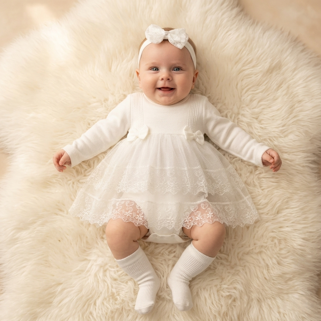 White Lace Baby Dress with Headband
