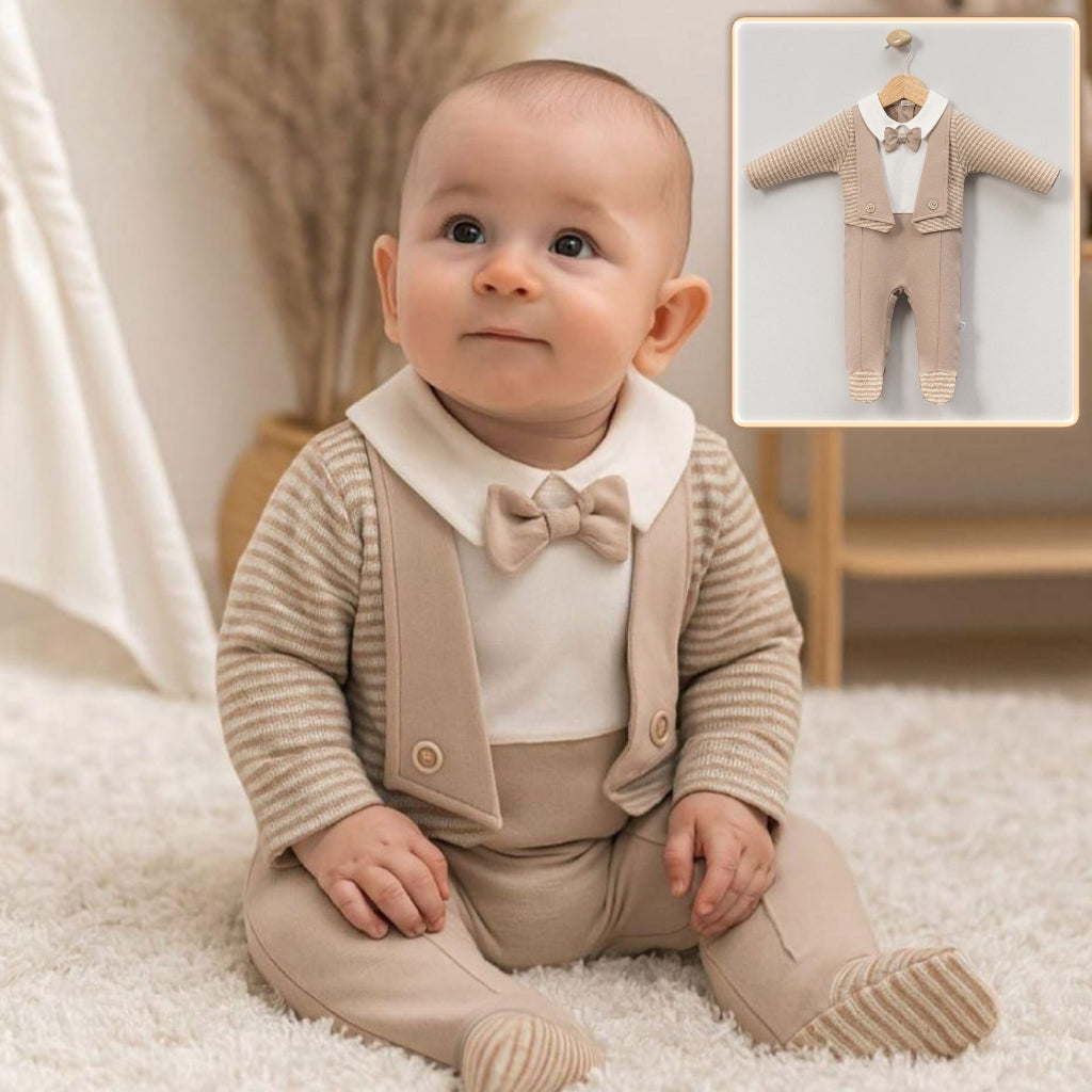 Beige & White Baby Romper – Formal One-Piece Suit with Bow Tie, Striped Lapels & Footed Design