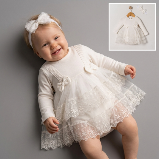 White Lace Baby Dress with Headband