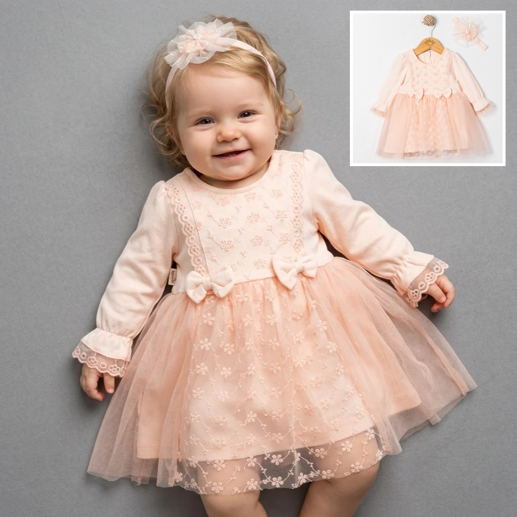 Peach Lace Baby Dress with Headband – Elegant Infant Outfit