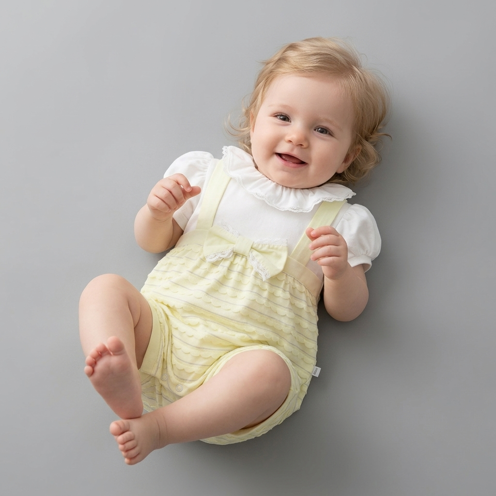 “Golden Bloom” Baby Romper Set – Lace Collar & Bow Detail