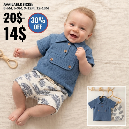 “Seaside Breeze” Baby Summer Set – Textured Shirt & Leaf Shorts