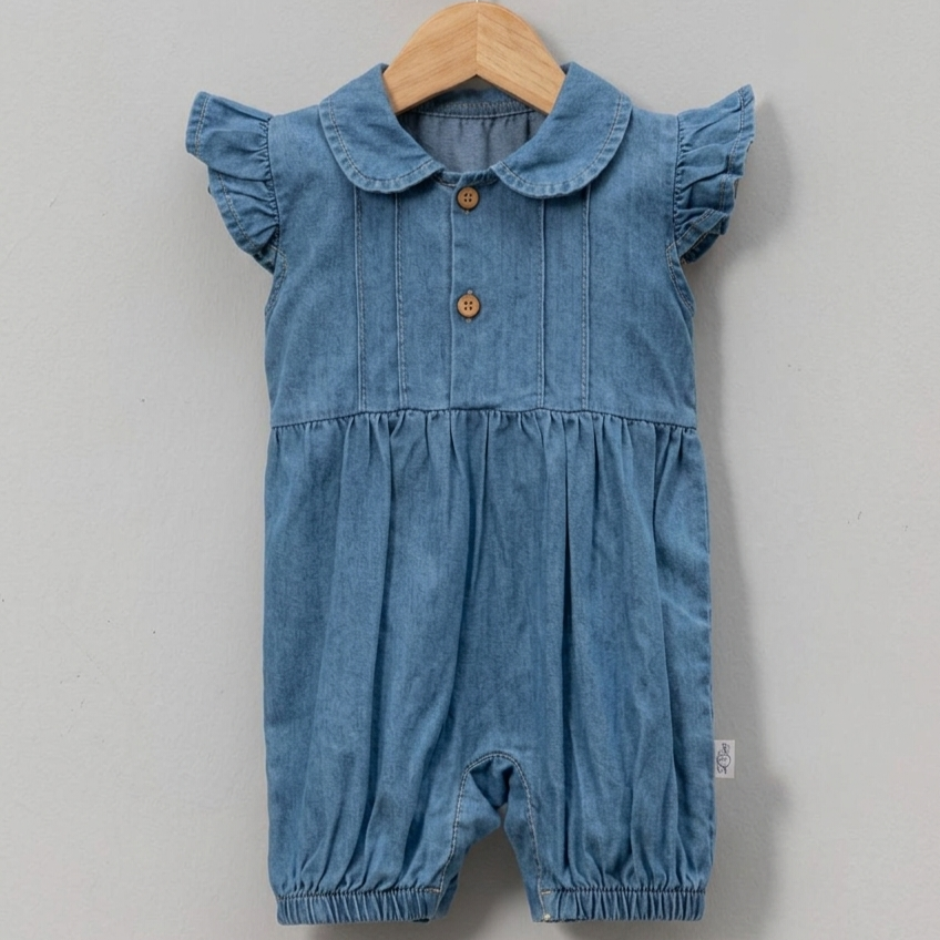 “Bluebell Charm” Baby Denim Romper – Ruffle Sleeve & Button Detail