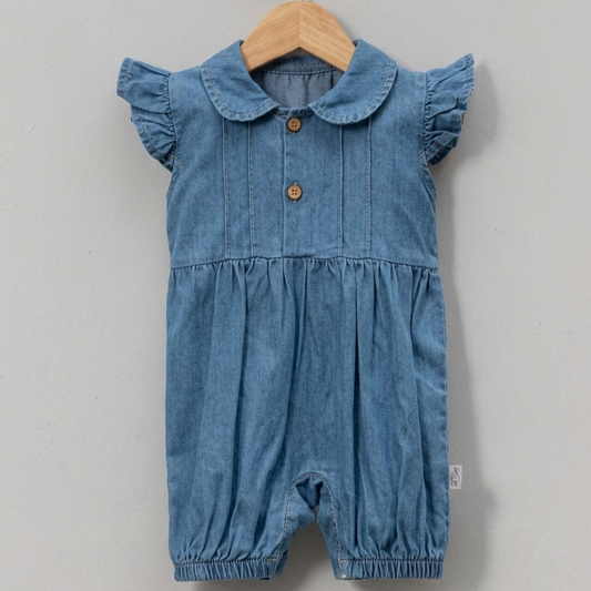 “Bluebell Charm” Baby Denim Romper – Ruffle Sleeve & Button Detail