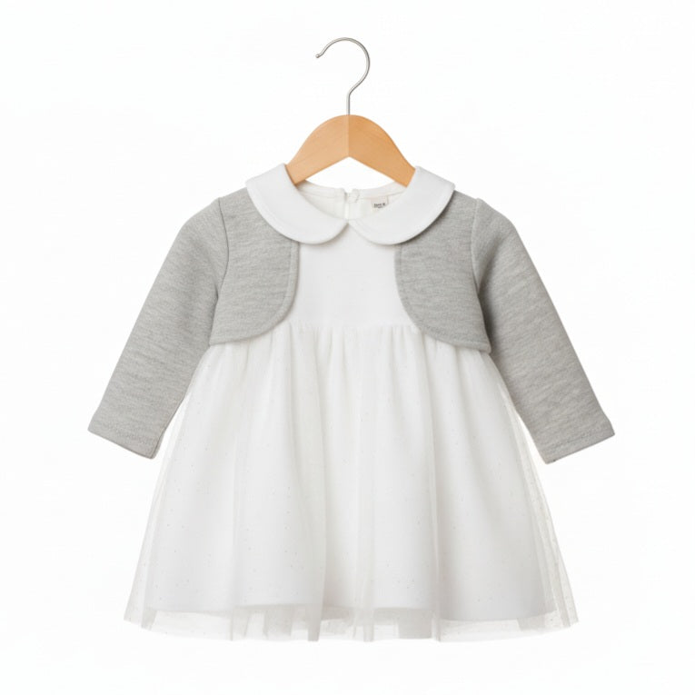 White & Gray Baby Dress – Sheer Dotted Skirt with Peter Pan Collar & Bolero Overlay