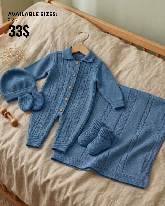 The Nathaniel 5-Piece Cable-Knit Romper & Blanket Gift Set – Slate Blue
