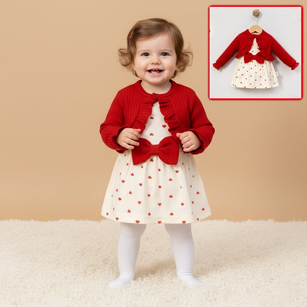 Red & White Baby Girl Dress Set – Heart Print Dress with Bow and Ruffled Cardigan