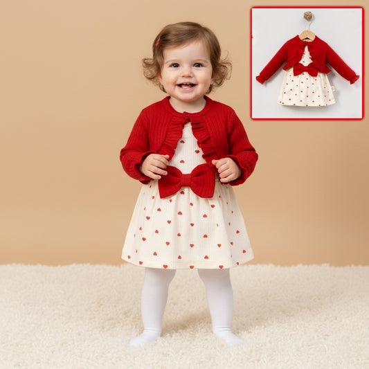 Red & White Baby Girl Dress Set – Heart Print Dress with Bow and Ruffled Cardigan