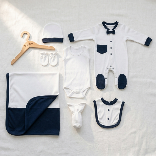 “Midnight Blessings” Baby Gift 7 PCS Set – Navy & White Ensemble