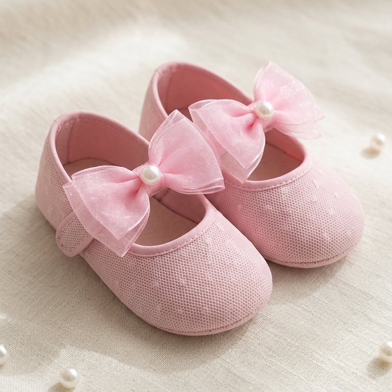 “Blush Pearl Steps” Baby Shoes – Pink Bow Elegance