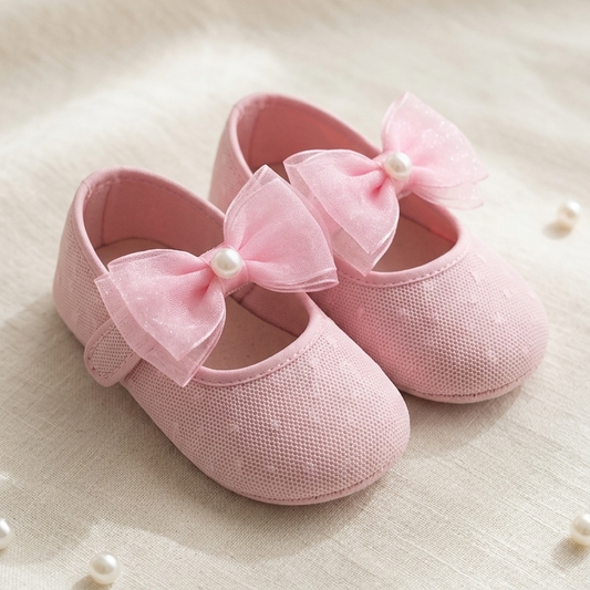 “Blush Pearl Steps” Baby Shoes – Pink Bow Elegance