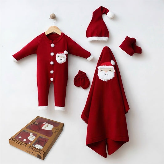 The Jasper Santa-Themed Fleece Romper & Hooded Blanket Gift Set – Festive Red