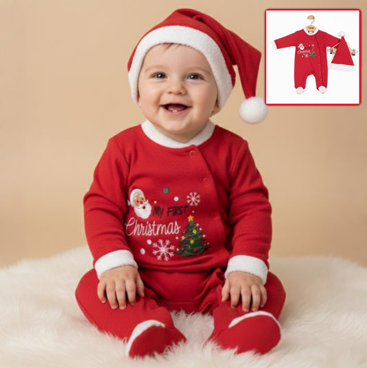 Red “My First Christmas” Baby Onesie – Festive Bodysuit with Santa Hat & Holiday Graphics