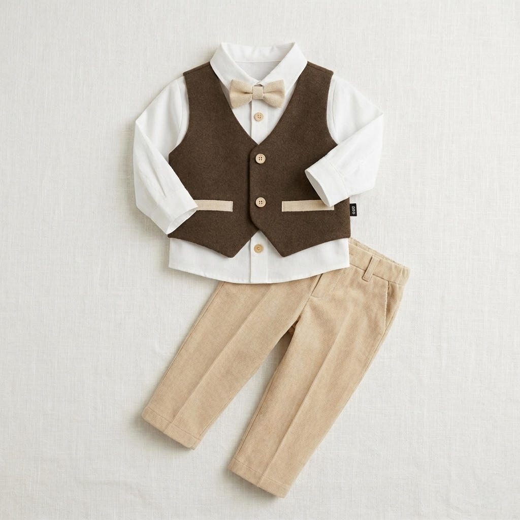 Brown & Beige Toddler Formal Outfit – 4-Piece Set