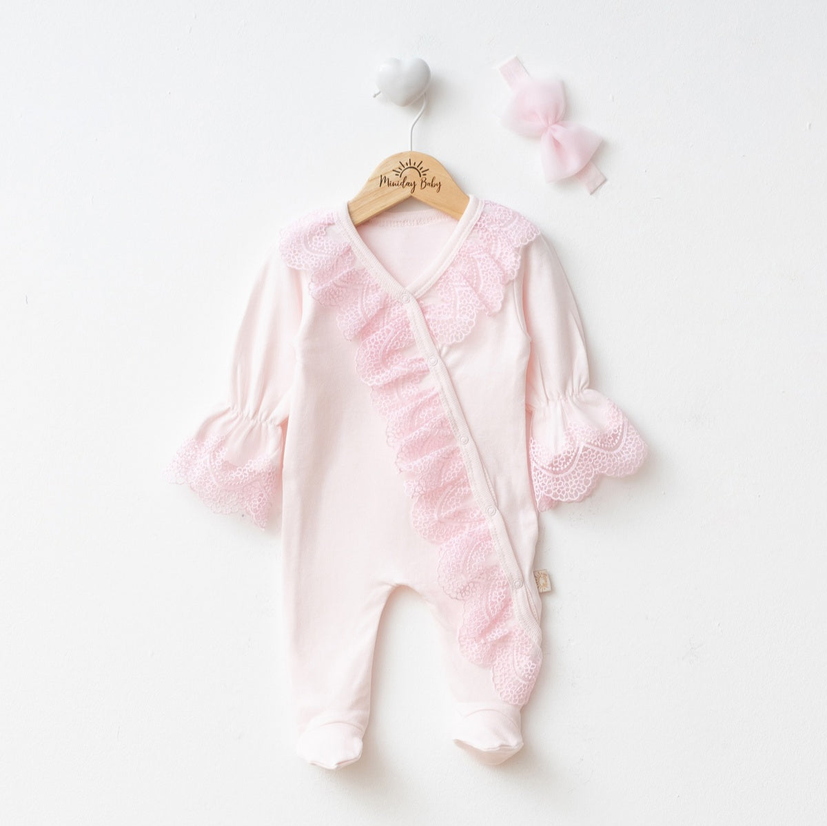 Pink Lace Baby Romper with Headband