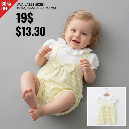 “Golden Bloom” Baby Romper Set – Lace Collar & Bow Detail