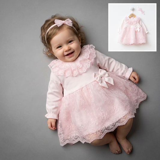 Pink Baby Girl Lace Dress – Bow & Headband Set