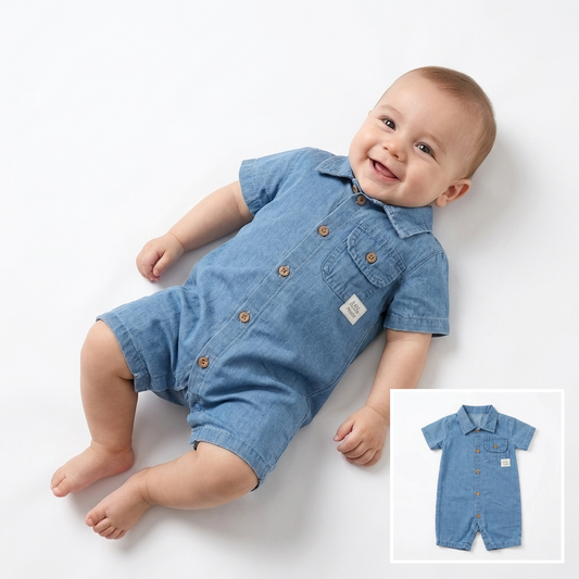 “Little Gentleman” Baby Denim Romper – Collared & Buttoned