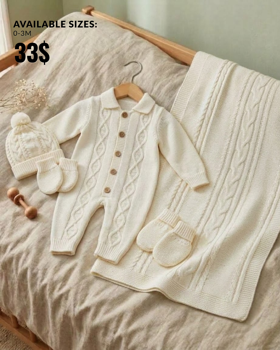 “Snow Knit” Baby Outfit Set – White Romper & Blanket