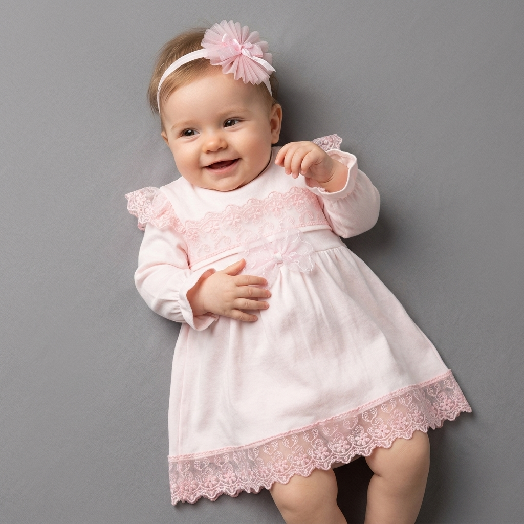Pink Lace Baby Dress with Headband