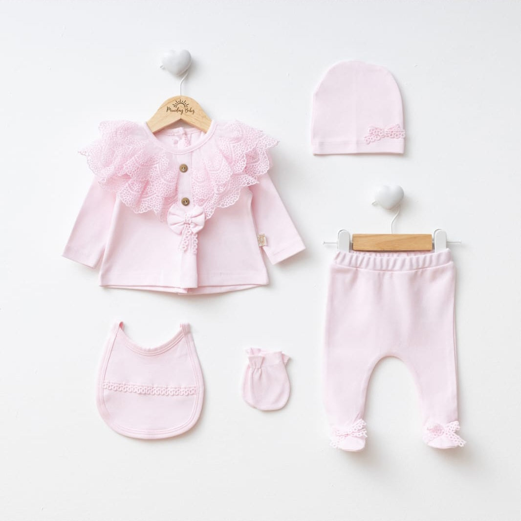 Pink Newborn Outfit Set – Lace Top, Pants & Accessories