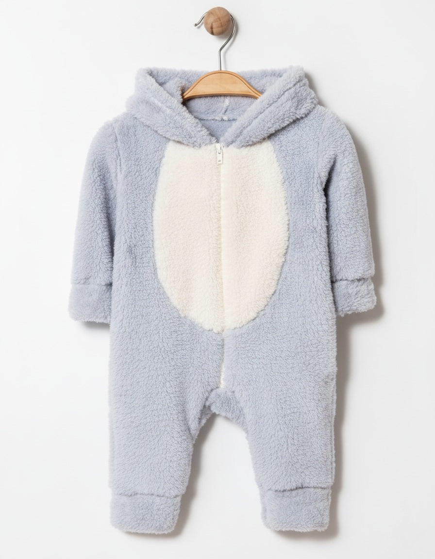 Gray Plush Baby Onesie – Hooded Animal-Inspired Bodysuit with Belly Patch & Zipper
