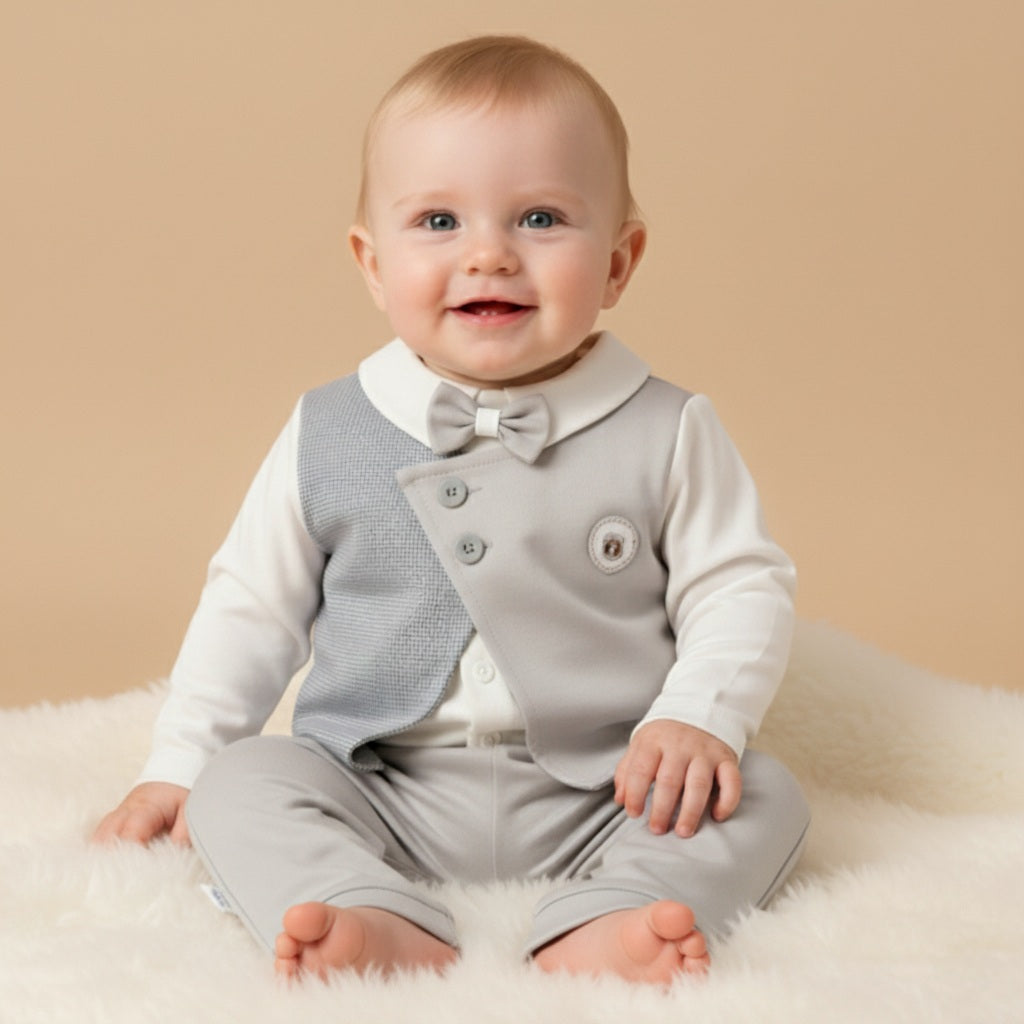 Light Gray Formal Baby Outfit – Two-Piece Set with Bow Tie, Vest Overlay & Emblem Detail