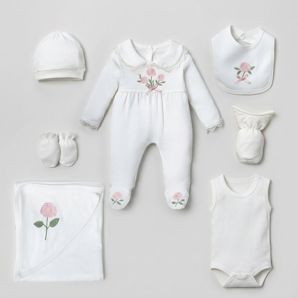 The Juliette 7-Piece Floral Embroidered Layette & Blanket Gift Set – Pure White