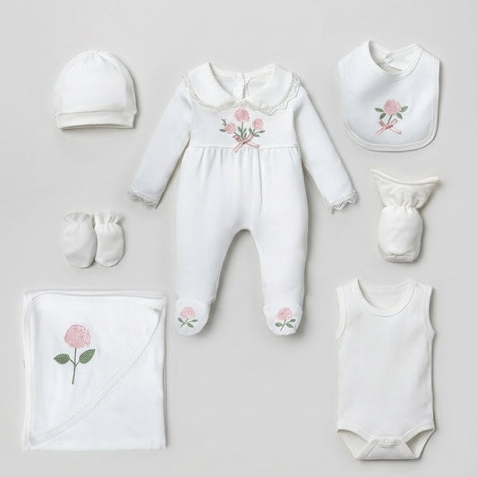 The Juliette 7-Piece Floral Embroidered Layette & Blanket Gift Set – Pure White