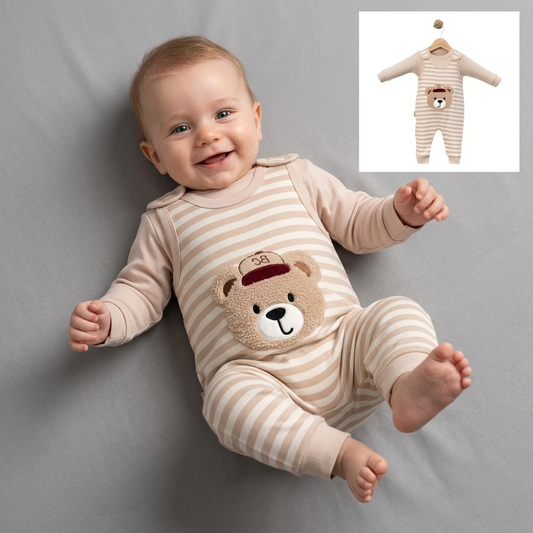 Striped Bear Baby Romper – Beige & Cream Infant Outfit