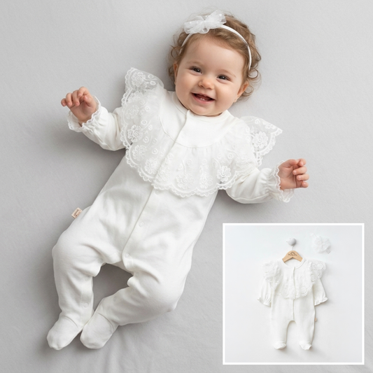 The Vivienne Lace Collar Footed Sleeper Set – Pure White