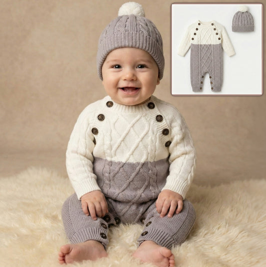Two-Tone Cable Knit Baby Romper – White & Gray Bodysuit with Pom-Pom Hat and Button Accents