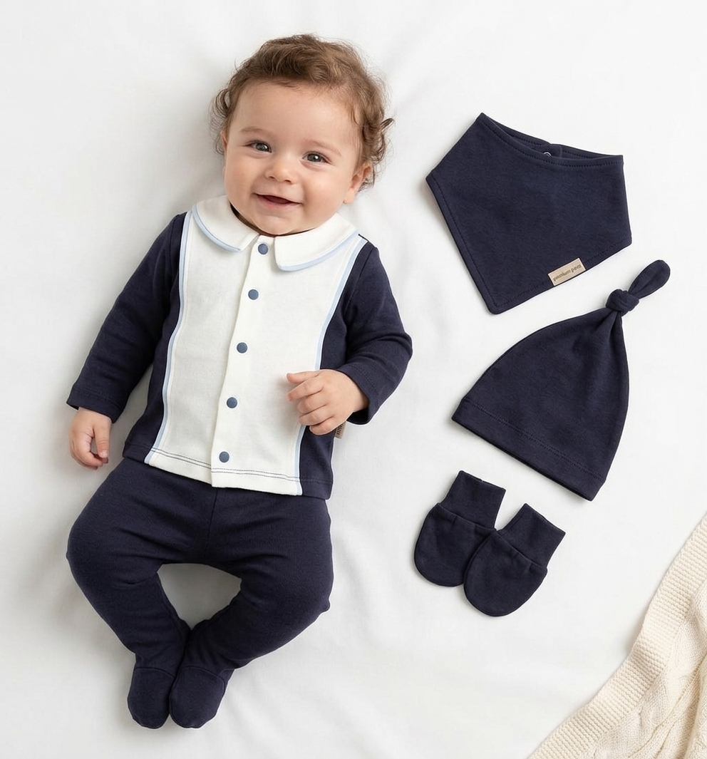 5 Pcs Cotton Baby Gift Set – Navy & White Ensemble