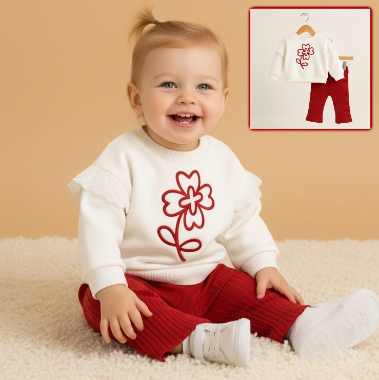 Red & White Baby Girl Outfit – Floral Sweatshirt with Lace Detail & Ribbed Pants Set