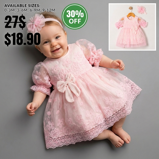 Vintage Pink Floral Lace Baby Party Dress & Headband Set