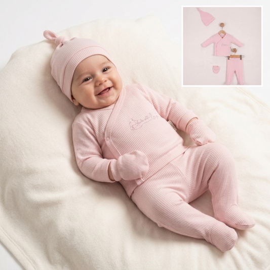 “Love’s Embrace” Baby Outfit Set – Pink Wrap & Accessories