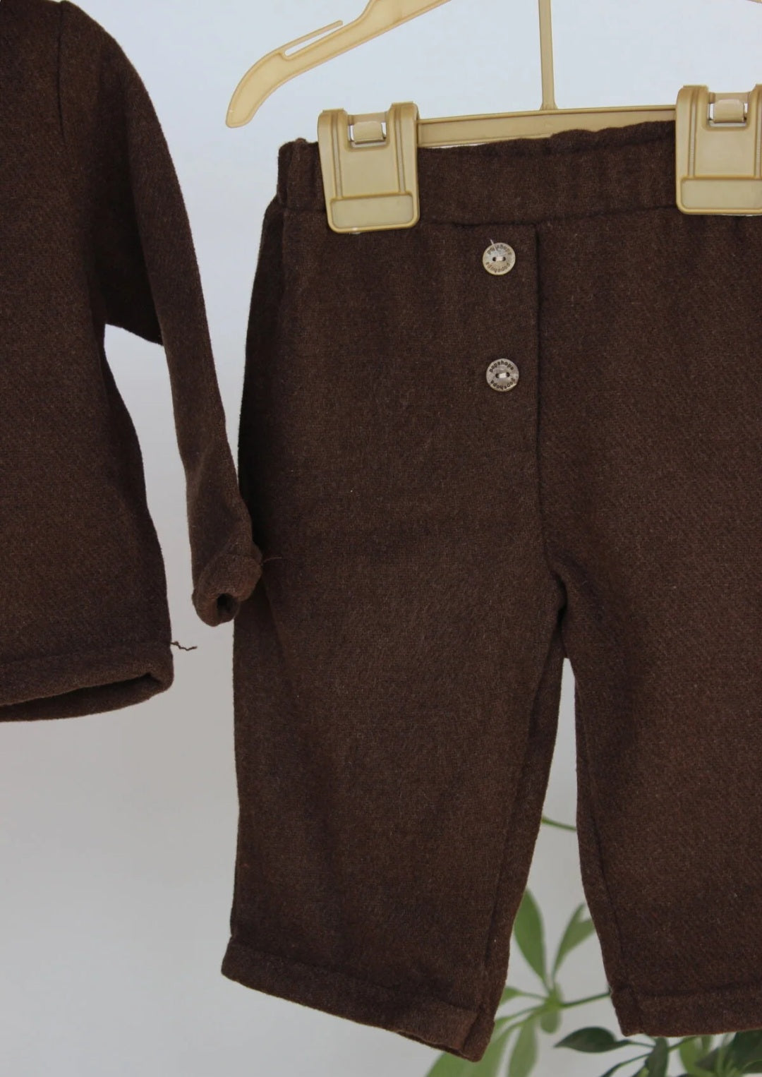 Dark Brown Toddler Outfit – Hooded Double-Breasted Coat & Matching Pants Set for Fall/Winter