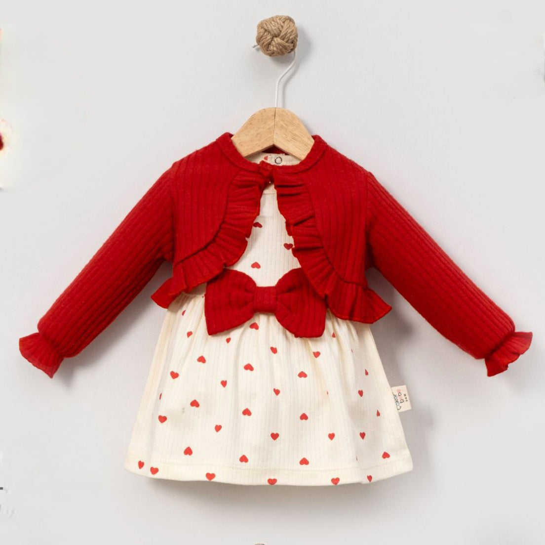 Red & White Baby Girl Dress Set – Heart Print Dress with Bow and Ruffled Cardigan