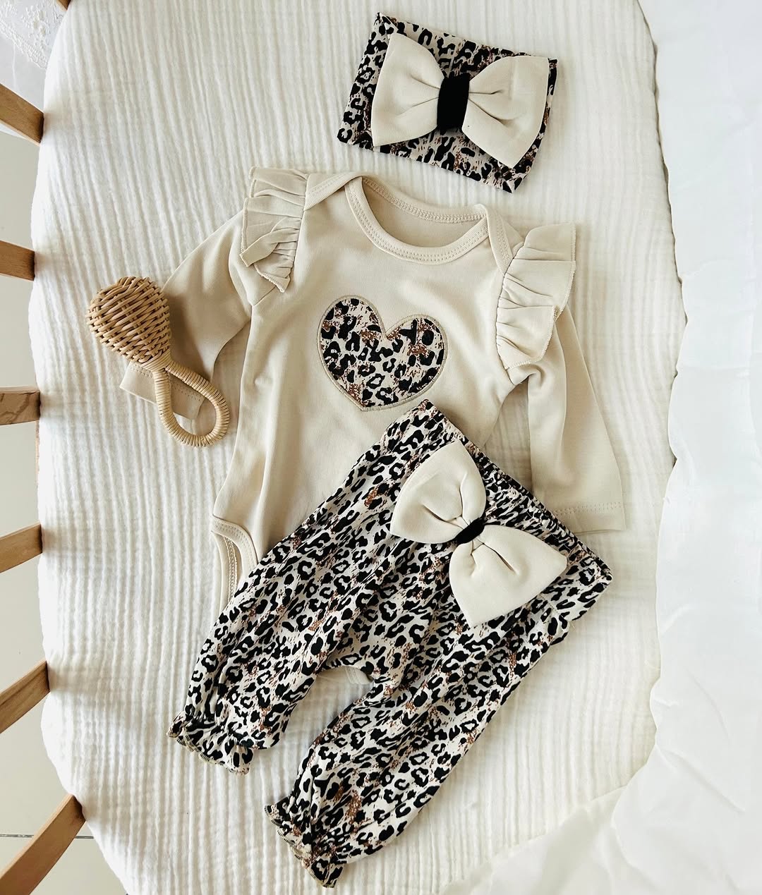 Beige & Leopard Print Baby Girl Outfit – Ruffle Onesie, Bow Pants & Matching Headband Set