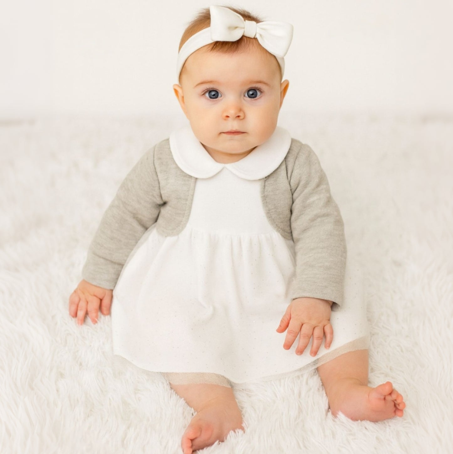 White & Gray Baby Dress – Sheer Dotted Skirt with Peter Pan Collar & Bolero Overlay