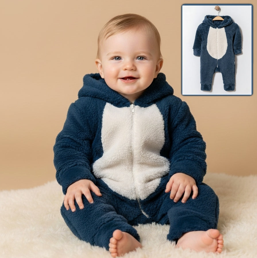 Plush Hooded Baby Jumpsuit – Dark Blue